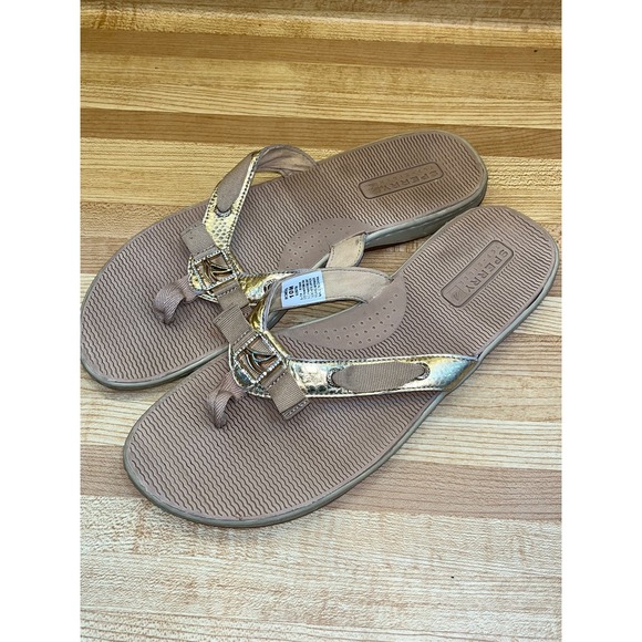 Sperry Womens 10M Gold Metallic Snakeskin Bow Buckle Sandal Thong Flip Flops - Picture 1 of 6
